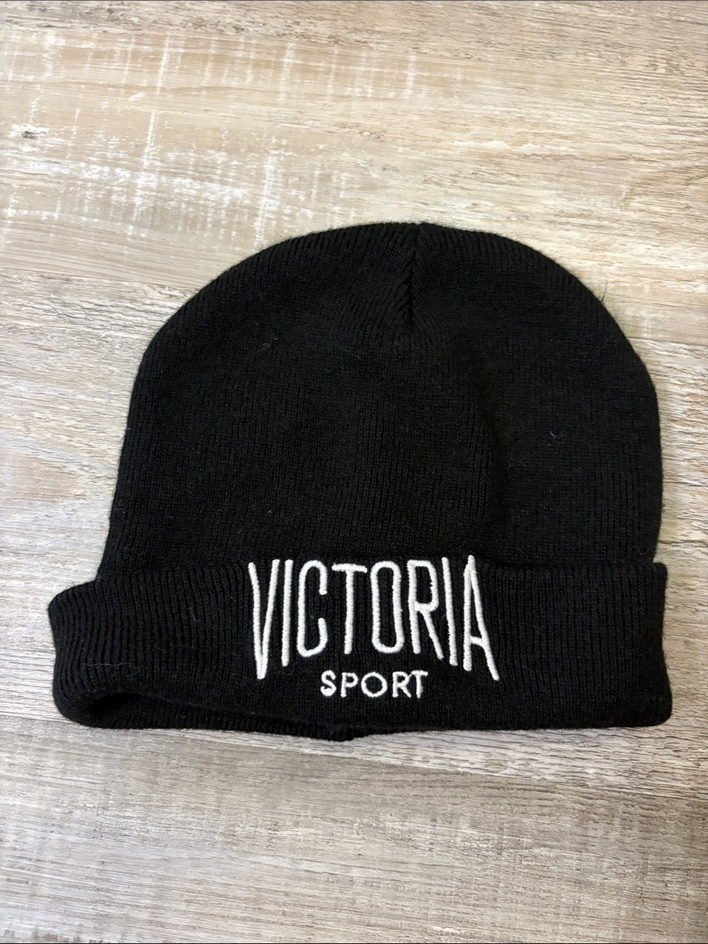 Victoria's Secret Black Knit Cuffed Beanie with White Logo